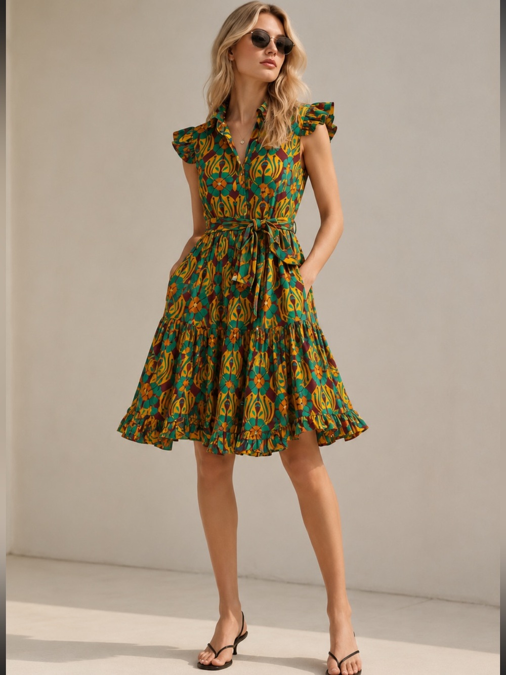 La DoubleJ Dress Short And Sassy Ruffle Belted in Yellow Green Brown Floral